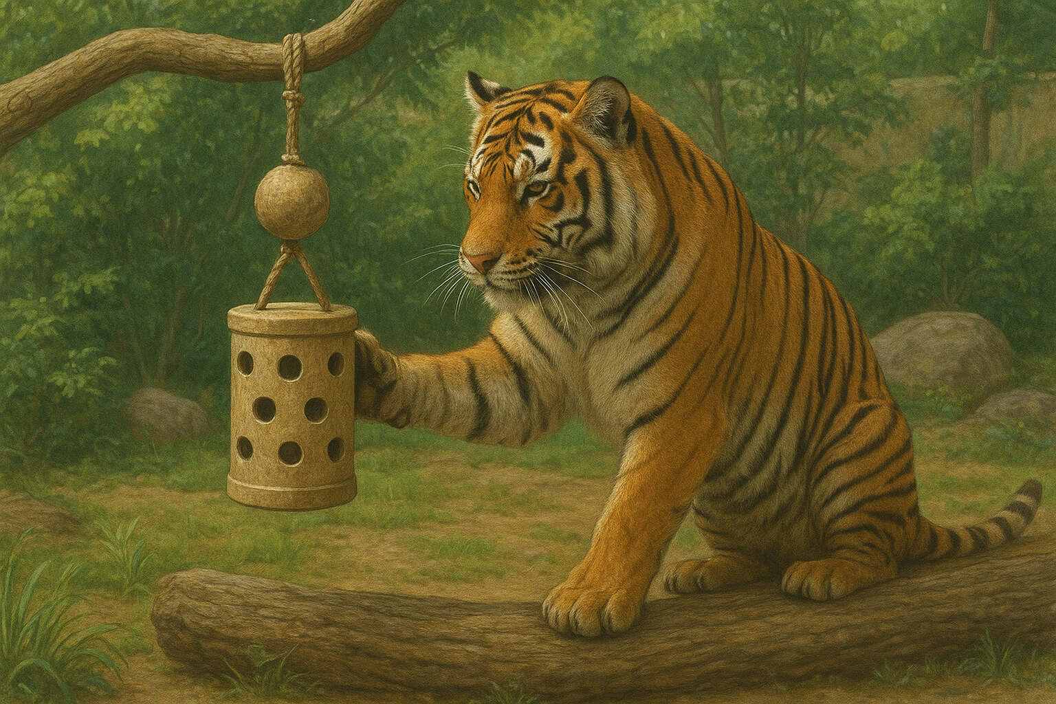 A tiger in a zoo interacting with a hanging enrichment toy designed to encourage natural hunting behavior.