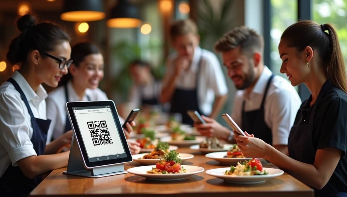Restaurant diners scanning QR code menu on smartphones while enjoying a modern dining experience.