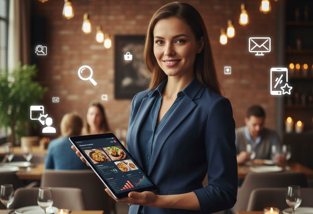 Restaurant owner using a tablet to manage online reservations and website performance in a modern dining space
