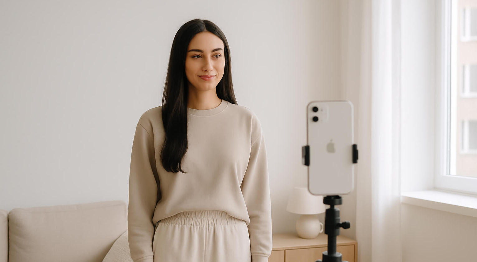 Young adult taking a passport photo using an iPhone and tripod at home with a white background and natural lighting.