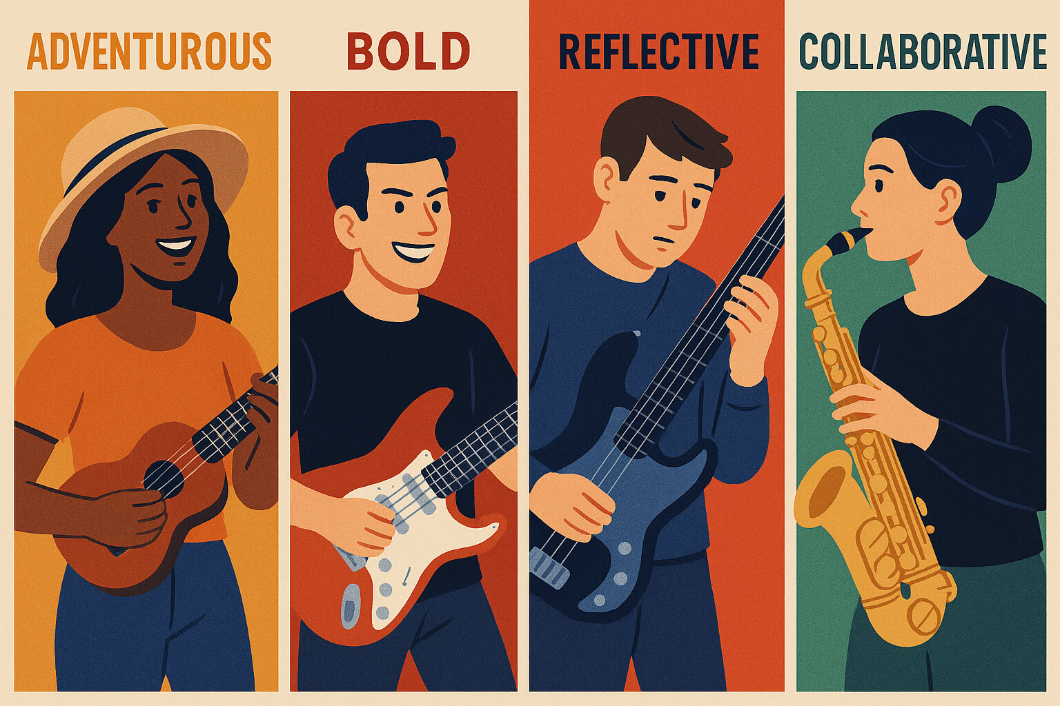 Illustration of various personality types choosing musical instruments that reflect their character and energy.