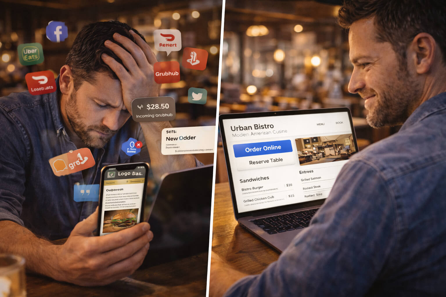 Restaurant owner comparing reliance on third-party platforms versus a modern restaurant website with menu, ordering, and reservations.