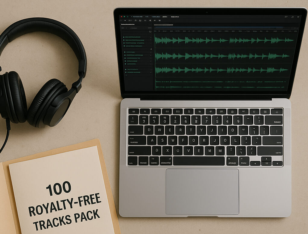 Creative digital audio workstation displaying 100 royalty-free music tracks ready for download.