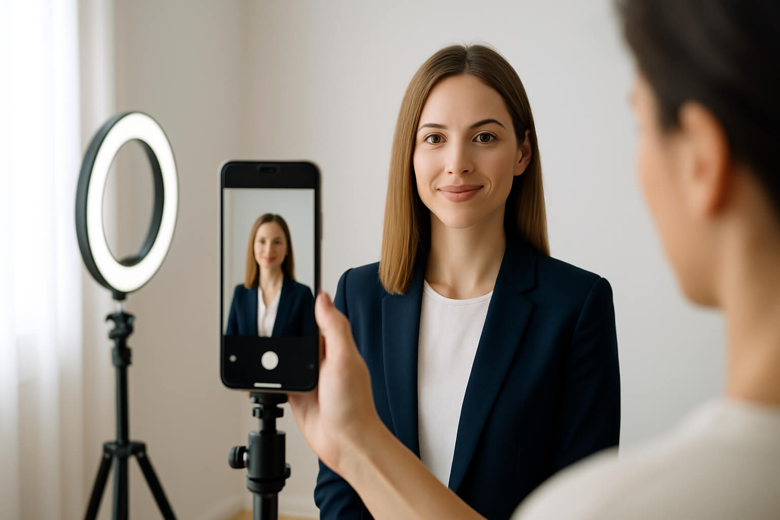 Person taking a professional headshot at home using a smartphone with ring light and plain background