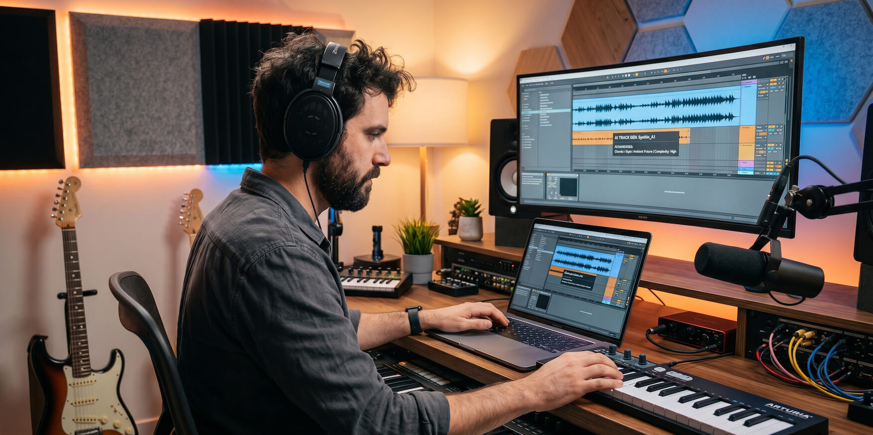 Musician creating and producing music using AI tools in a modern studio