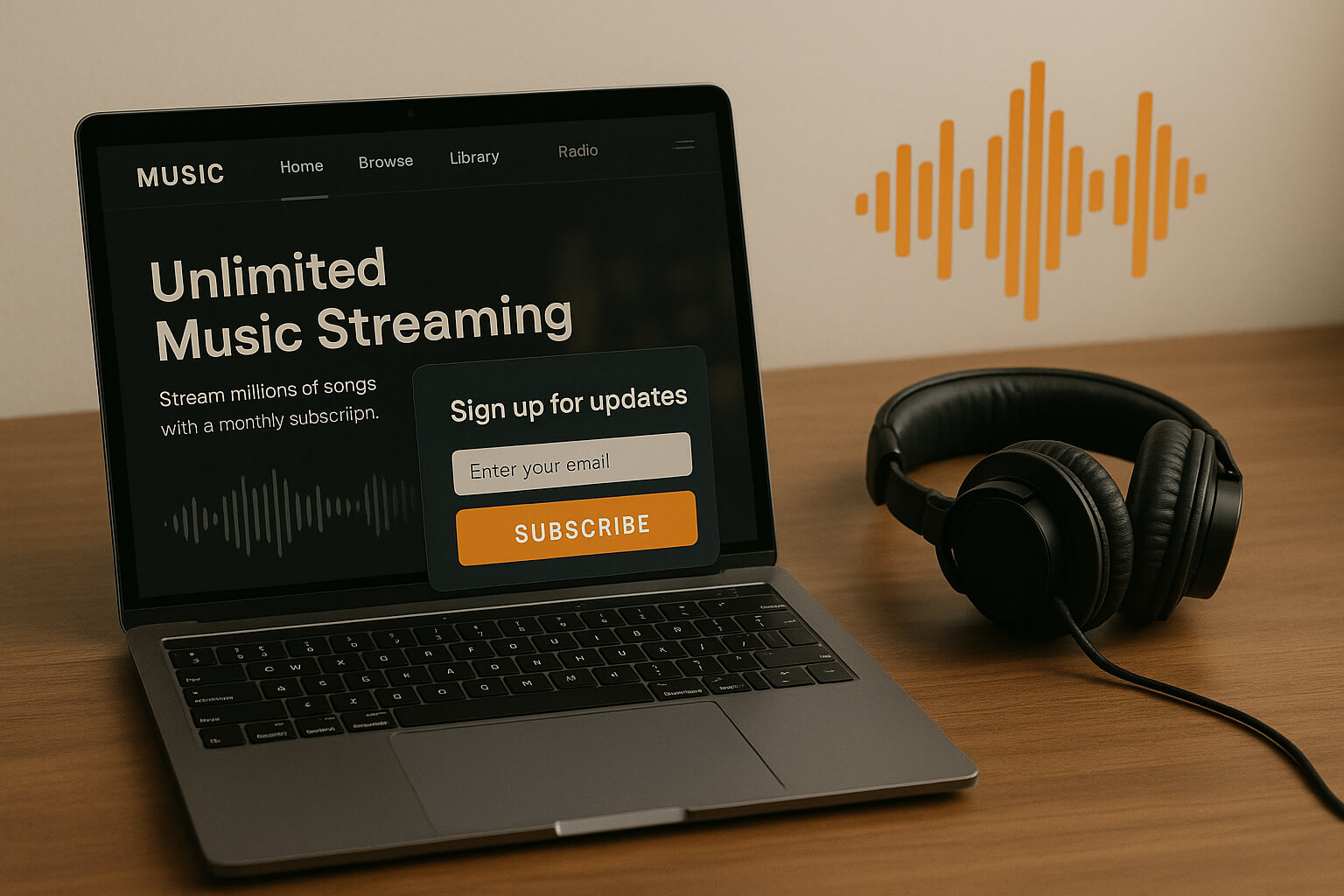 Weekly royalty-free music drops subscription interface on a laptop screen with headphones beside it.