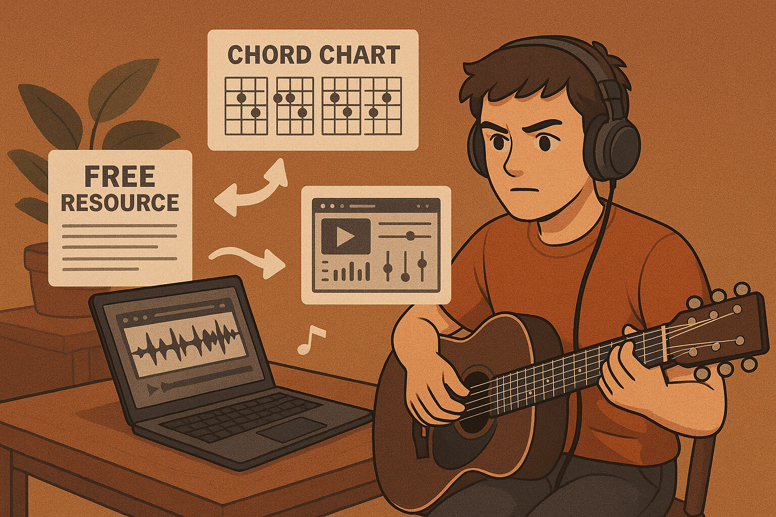 Self-taught musician practicing at home using free online resources and guides, symbolizing independent music learning without paid lessons.