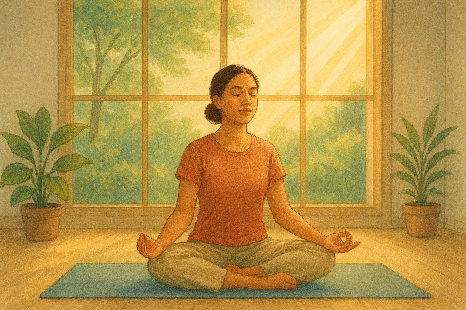 Person practicing mindfulness meditation for stress management in a peaceful, natural setting.