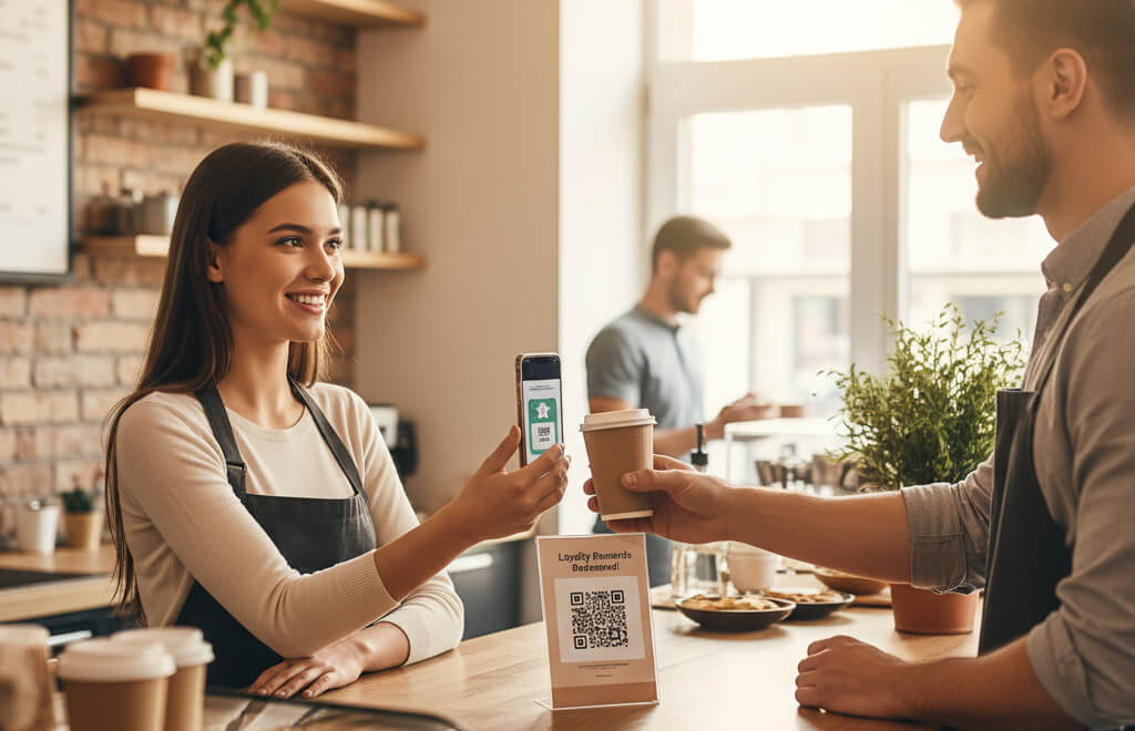 Customer using mobile phone to redeem restaurant loyalty rewards at café counter