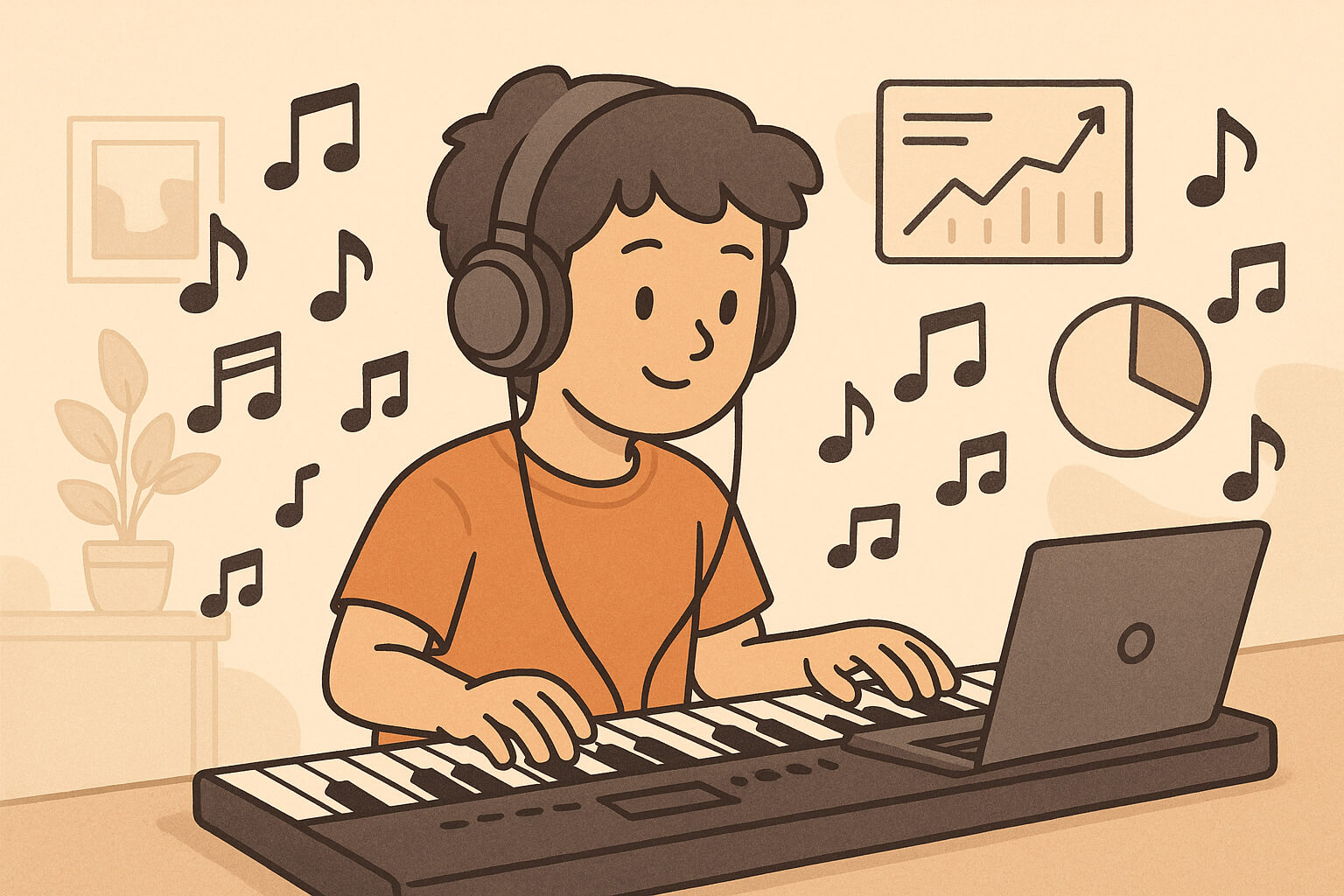 Beginner musician learning music independently at home using online resources, with a digital piano and headphones.