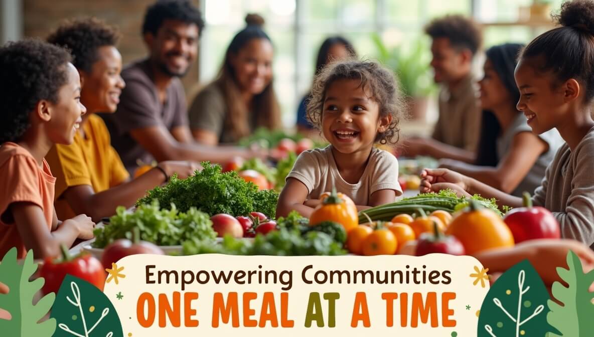 Volunteers distributing food to families at a community food bank, creating a supportive and hopeful environment.