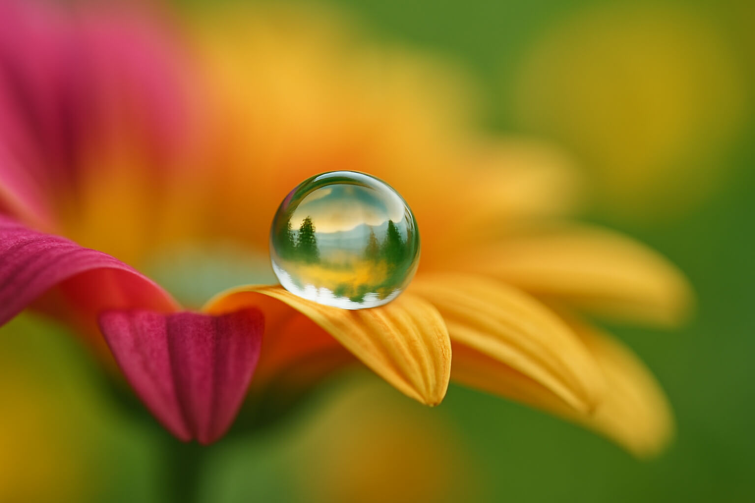 A high-resolution close-up of a water droplet resting on a colorful flower petal, reflecting natural scenery.