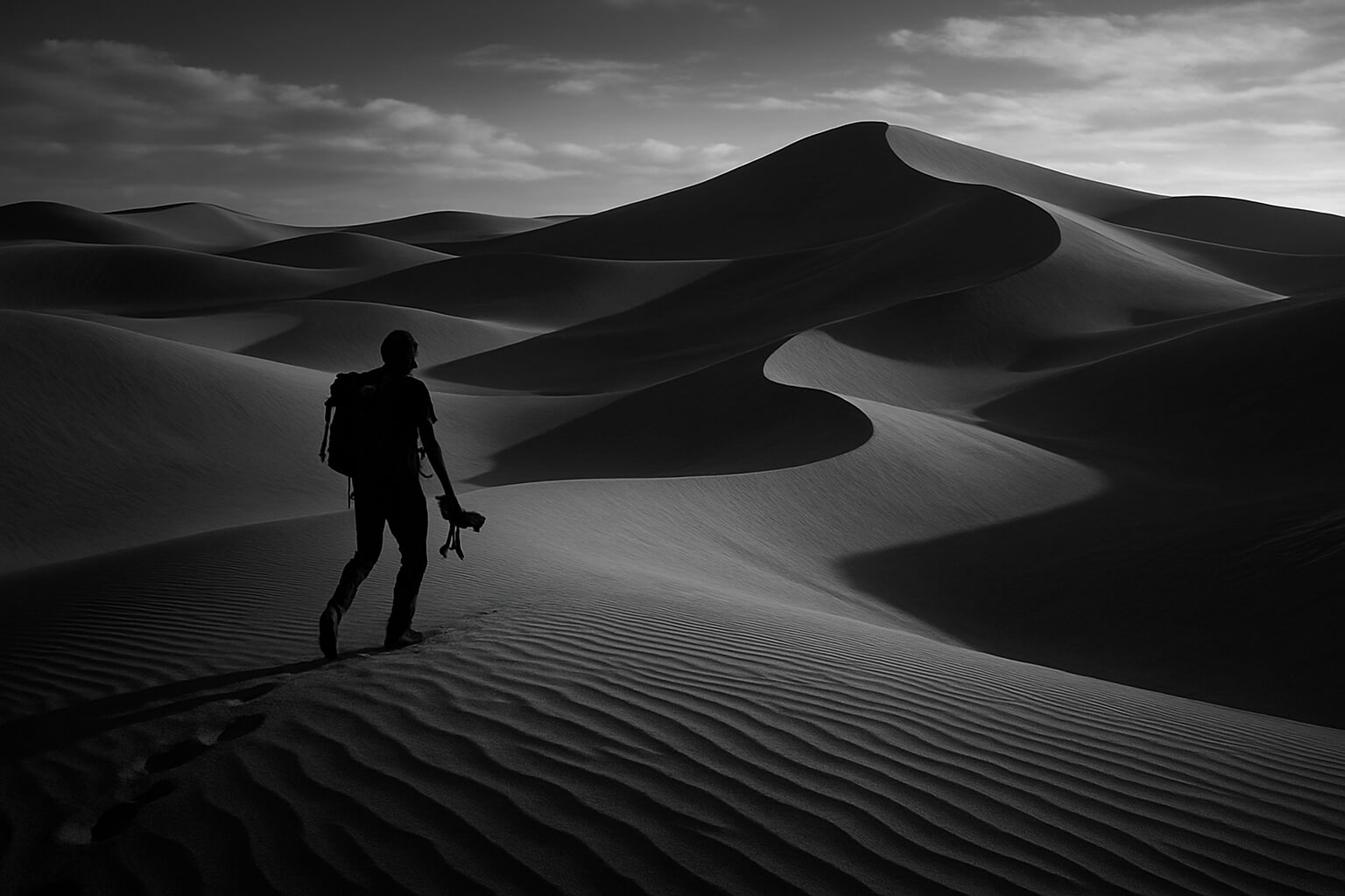 Black and white desert scene with sand dunes, strong shadows, and a lone photographer walking across the landscape.