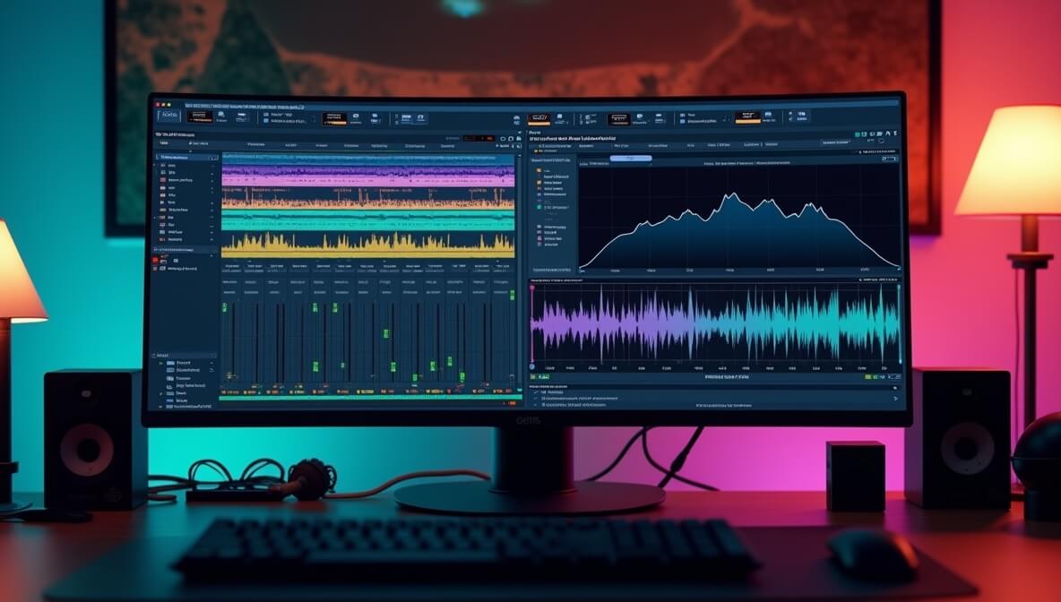 DAW session showing multitrack mixing alongside a mastering chain with meters and limiter.