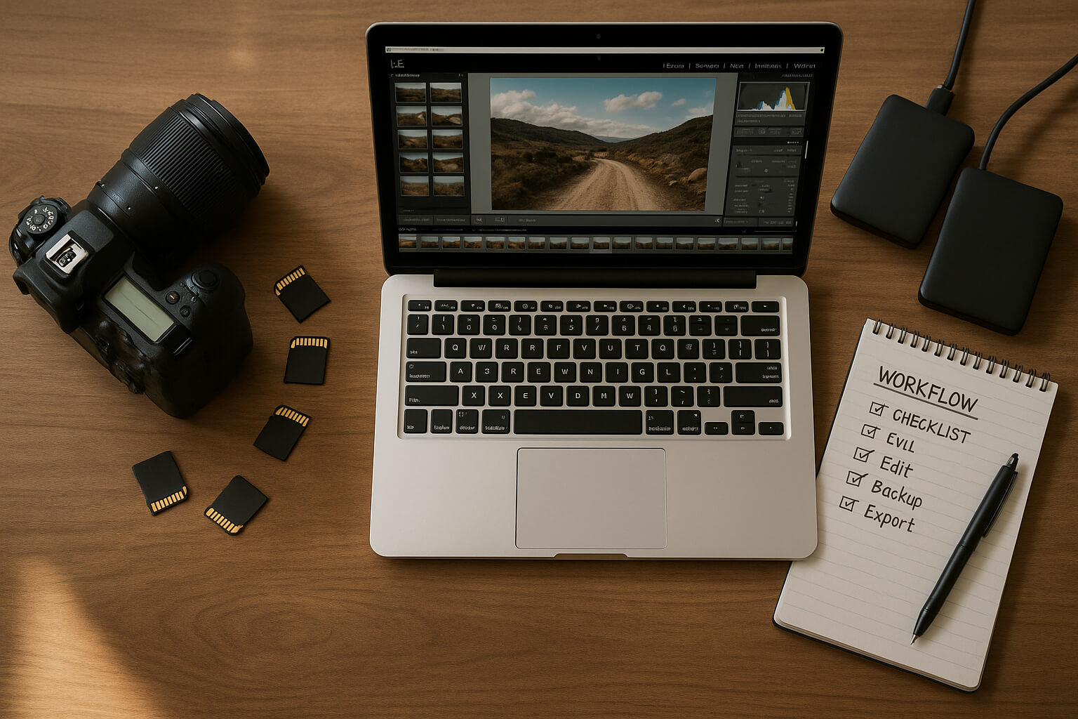Flat lay of professional photography workspace with camera, laptop, and editing tools.