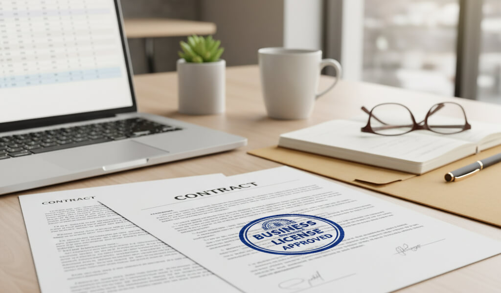 Modern office desk with a “Business License Approved” stamp on official documents, surrounded by a laptop and legal paperwork.
