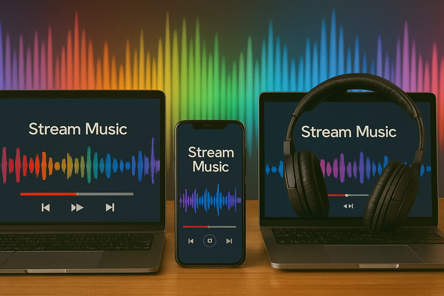 Multiple devices streaming music without account login screens, with colorful audio waveforms.