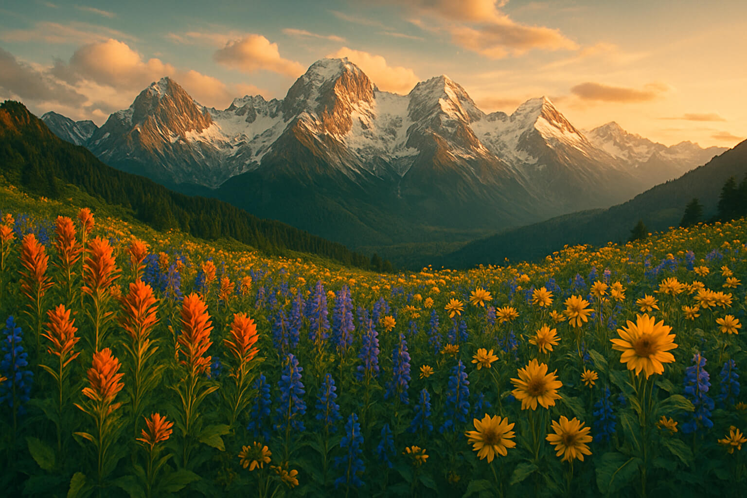 Colorful wildflowers in foreground with majestic mountain peaks at golden hour.