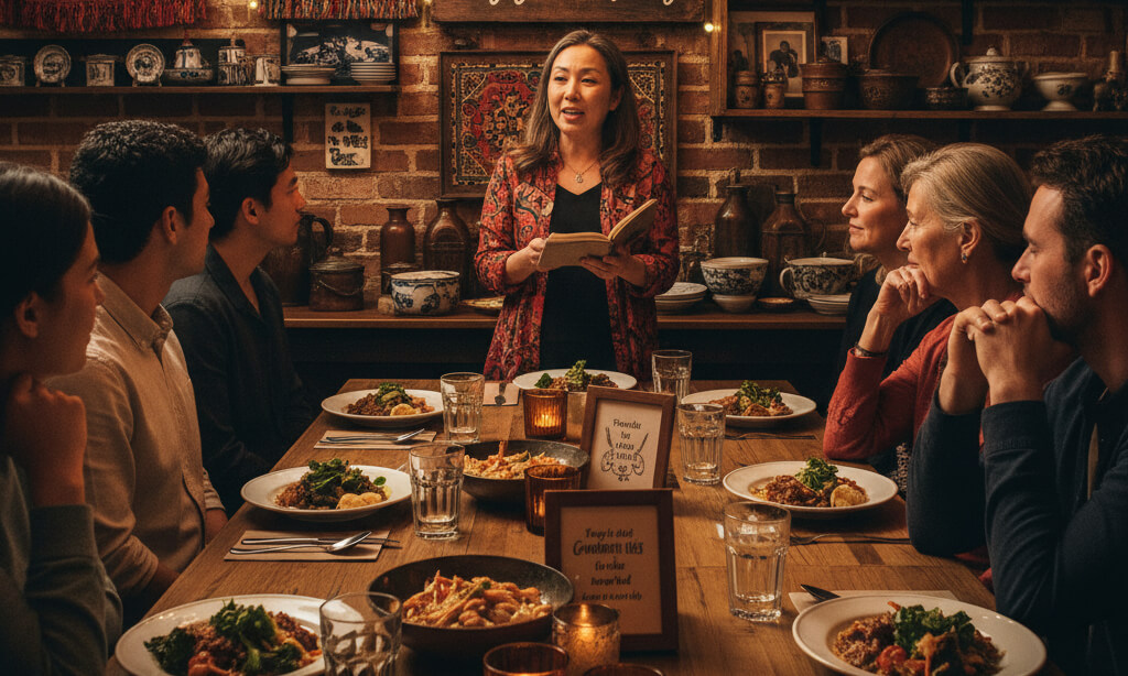 Restaurant owner explaining brand story to guests with décor and menu reflecting restaurant identity
