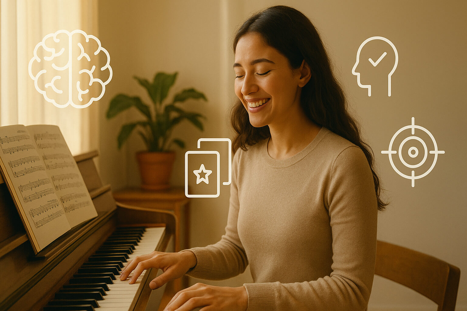 Woman playing piano with brain and memory icons illustrating mental benefits.