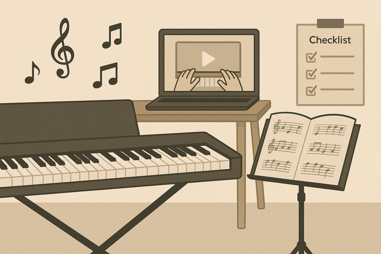Home piano learning setup with digital piano, laptop tutorial, and floating musical notes symbolizing online piano courses.