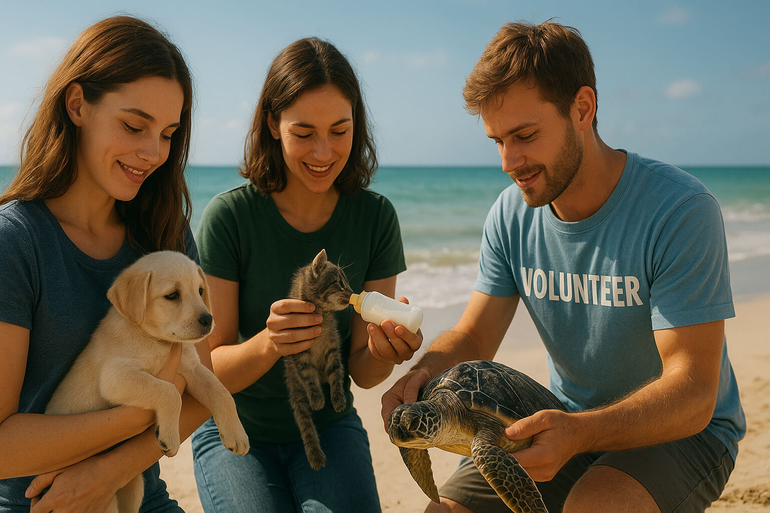 Volunteers rescuing animals including a puppy, kitten, and sea turtle, showing how animal rescues save lives.