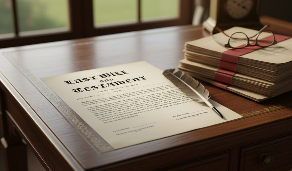 Last Will and Testament document with legal papers and pen on a desk, representing estate planning.