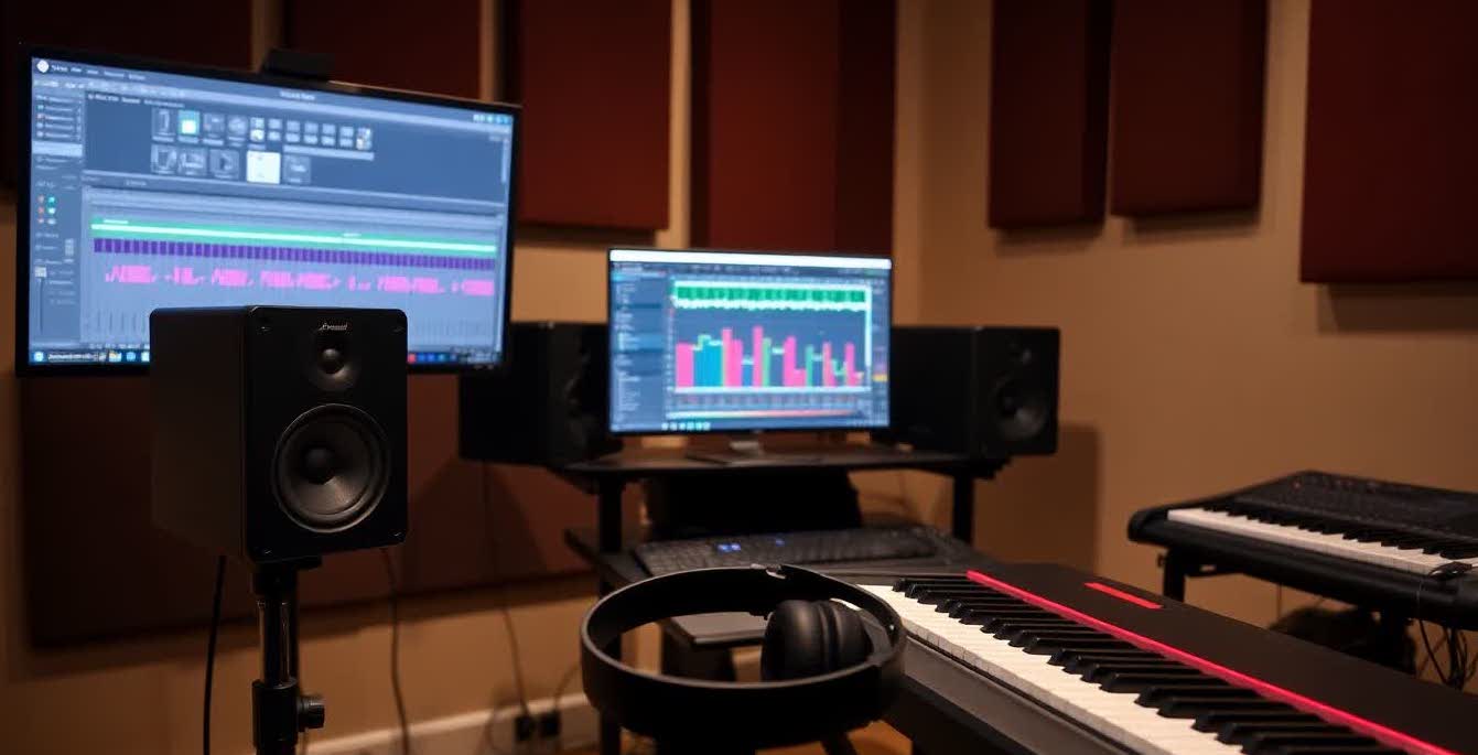 Home studio with studio monitors and open-back headphones next to a digital audio workstation.