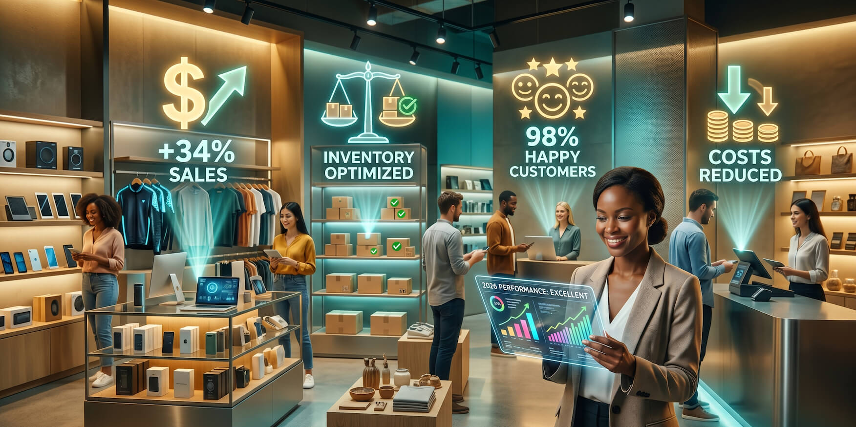 A retail store owner experiencing the full benefits of AI tools for business growth and efficiency in 2026
