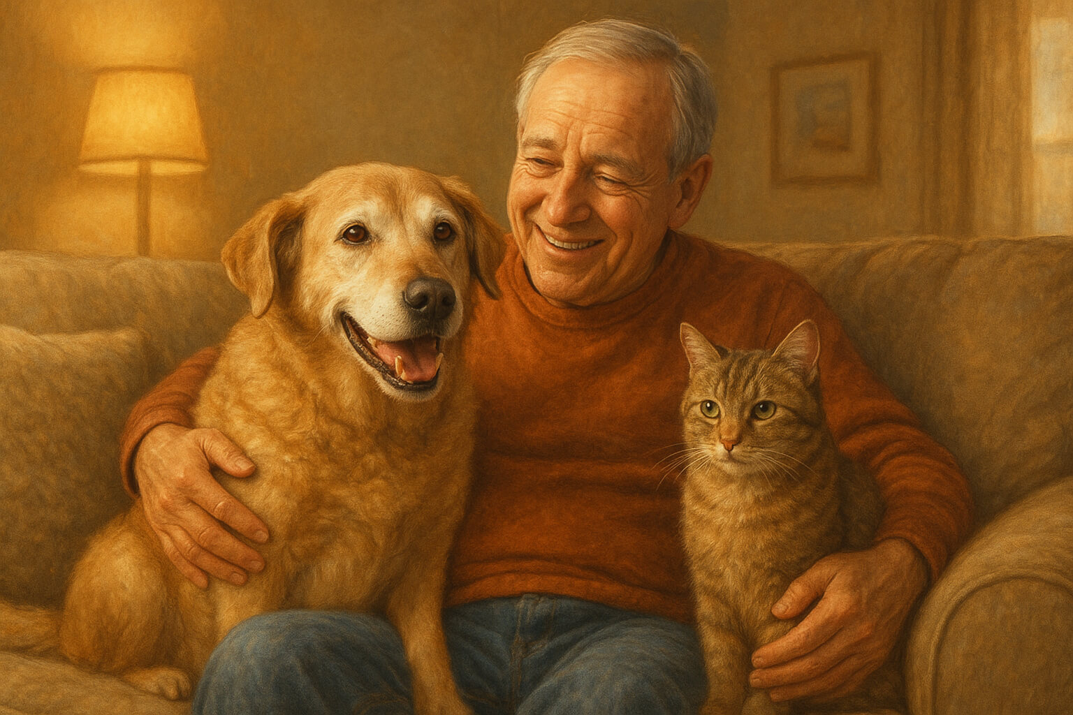 Senior dog and cat relaxing with their new owner in a cozy home after adoption