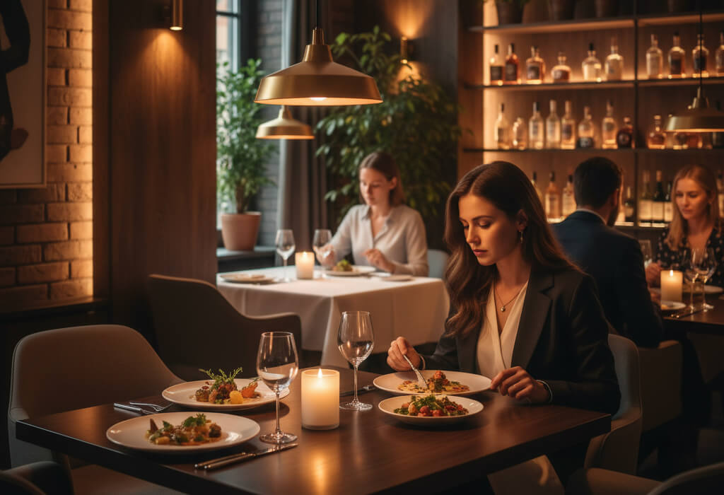 Diners enjoying a restaurant with warm, ambient lighting highlighting tables, décor, and plated dishes.