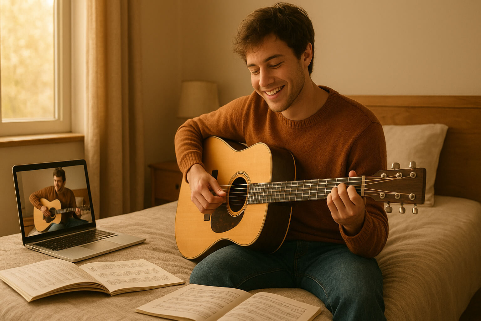 Beginner guitarist practicing in a cozy bedroom with an acoustic guitar and online lesson materials.