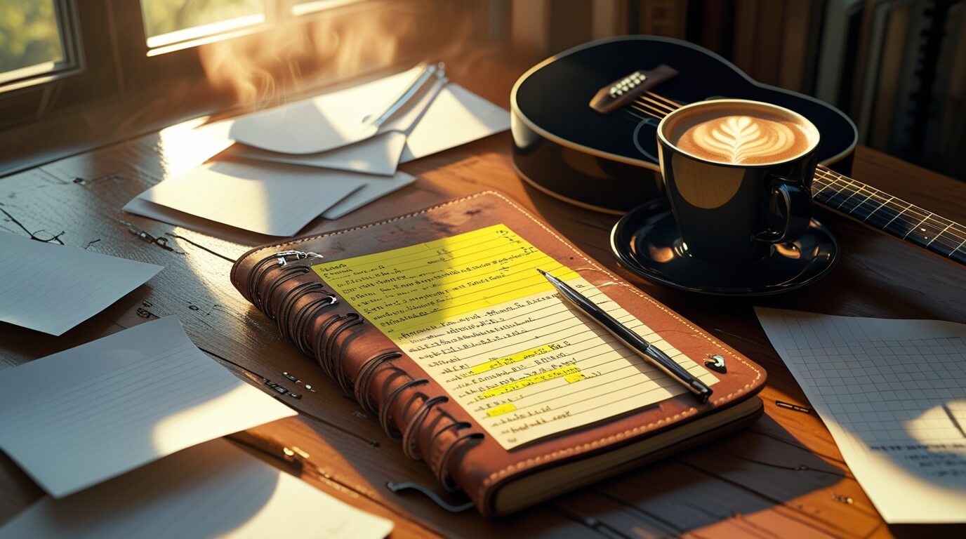 Songwriter working on a catchy hook in a notebook with guitar nearby.
