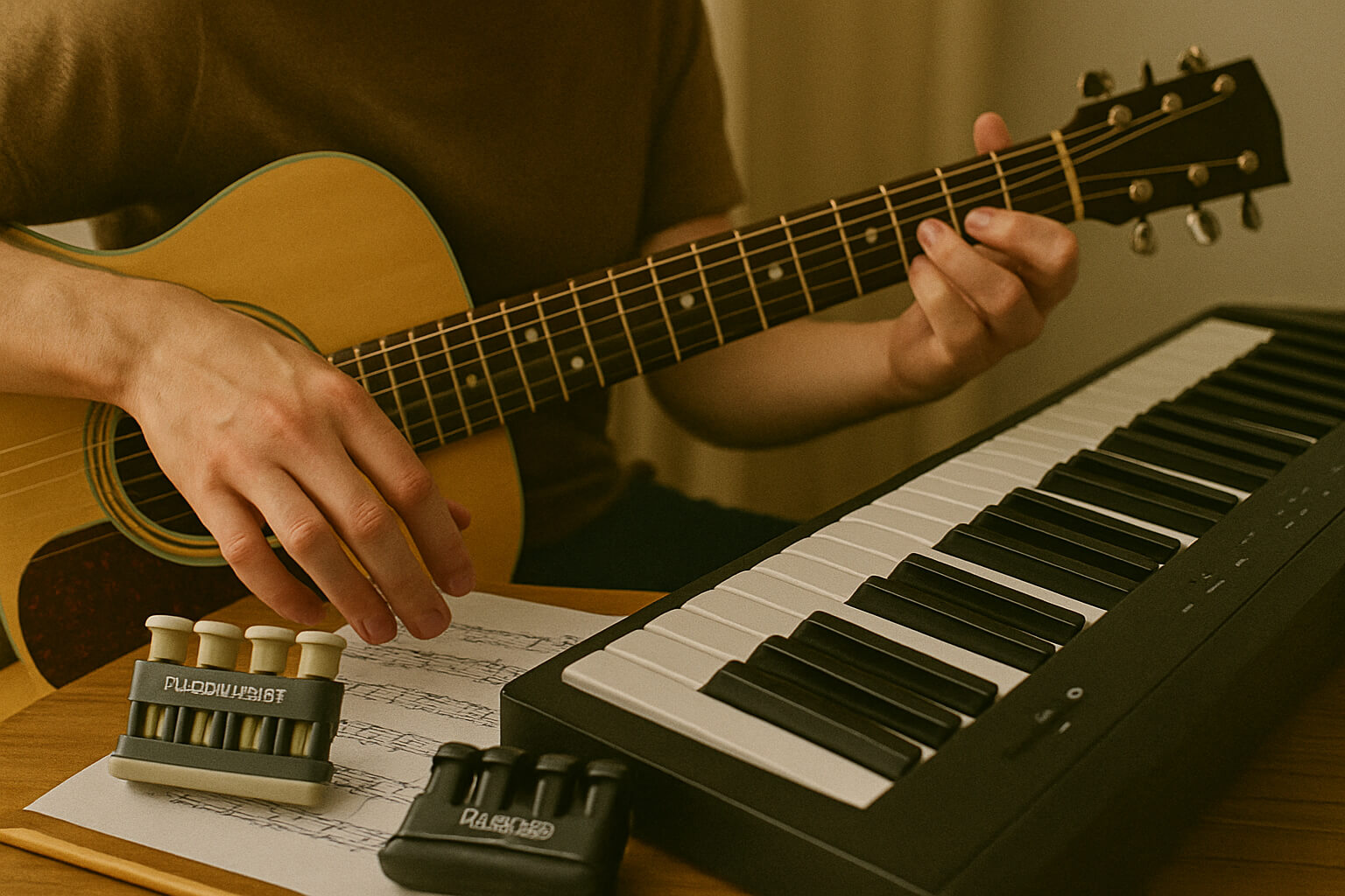 Musician practicing finger strength and dexterity on piano and guitar with training tools on the table.