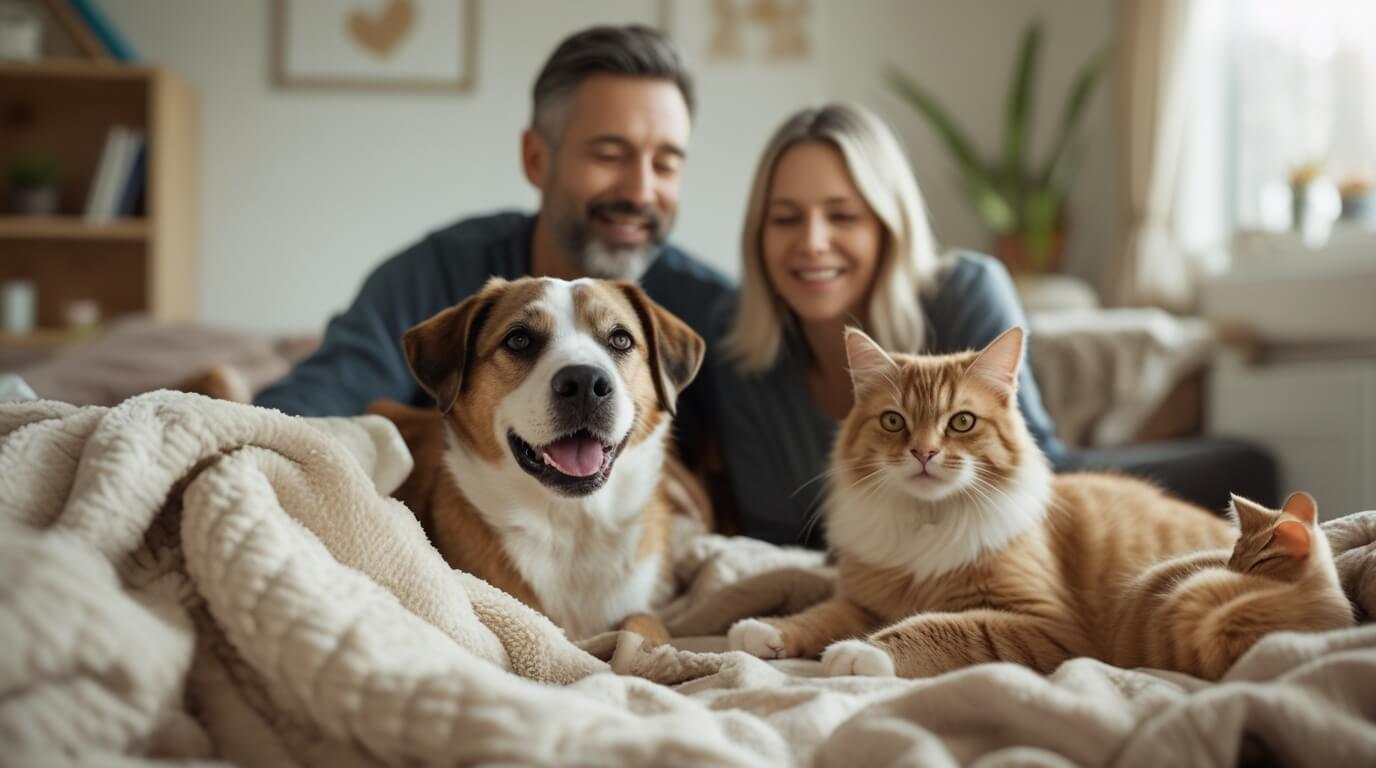 Foster family caring for a rescued dog and cat in a cozy home environment, symbolizing the life-saving benefits of fostering animals.