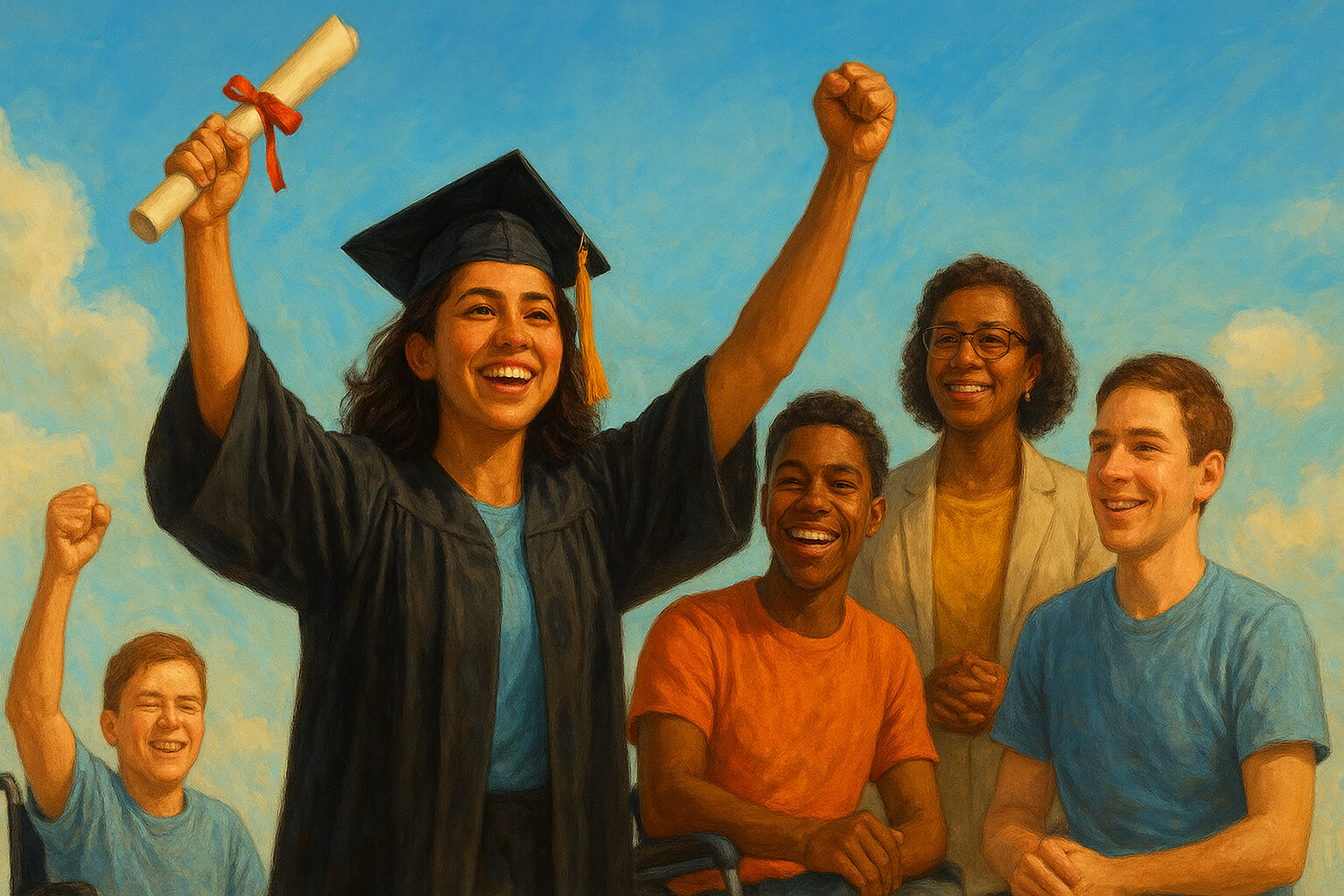 Diverse students overcoming adversity and celebrating educational success with diplomas and support from teachers.