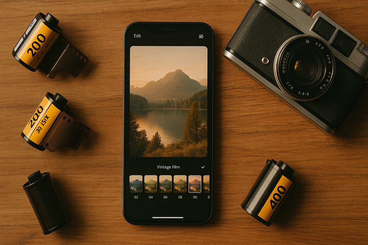 Smartphone with photo editing app applying vintage film filters
