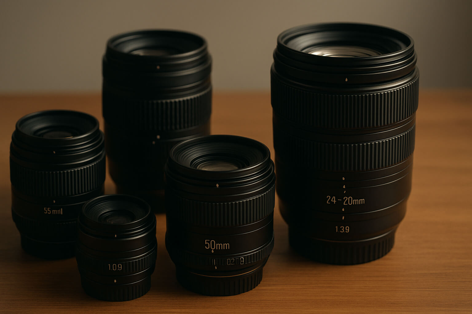 Collection of professional camera lenses displayed on a table with varying focal lengths and apertures.
