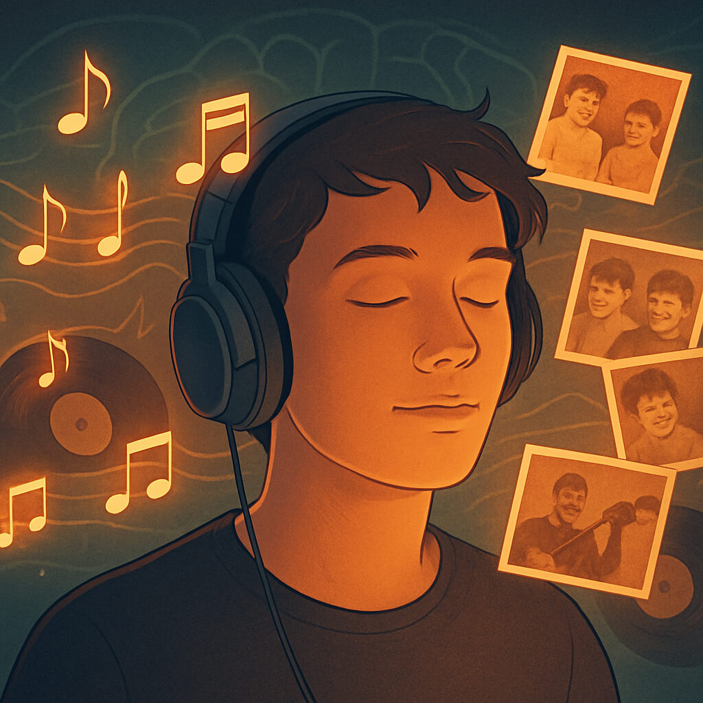 Person with headphones surrounded by glowing musical notes and memory fragments, symbolizing the link between music and memory