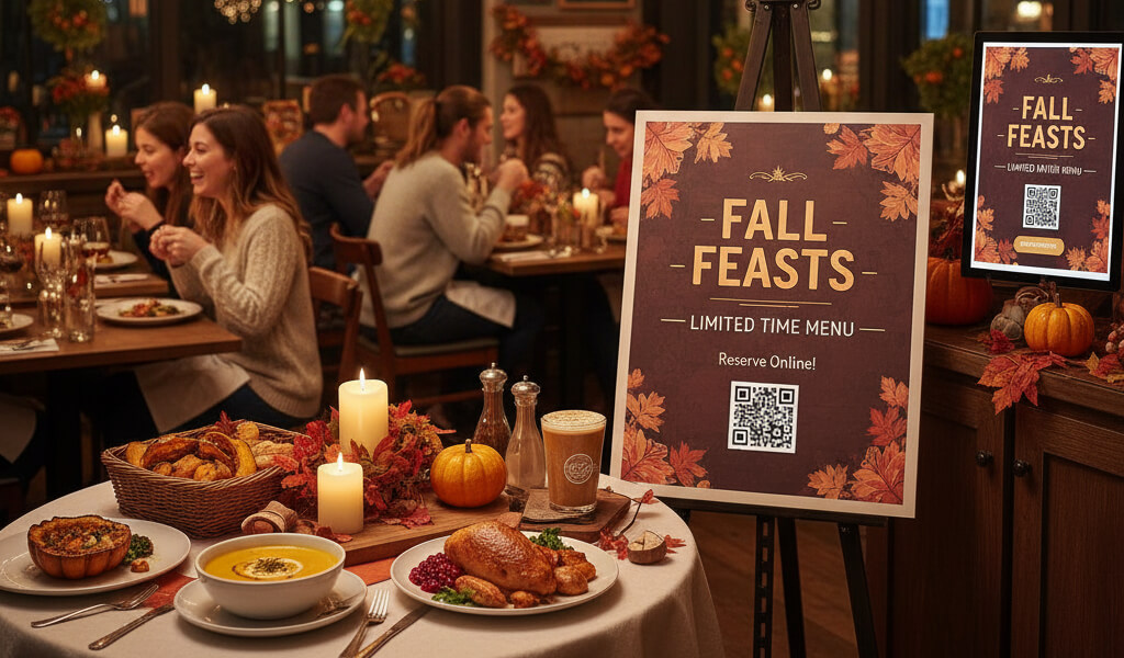 Festive restaurant seasonal campaign with limited-time menu and online reservation promotion.