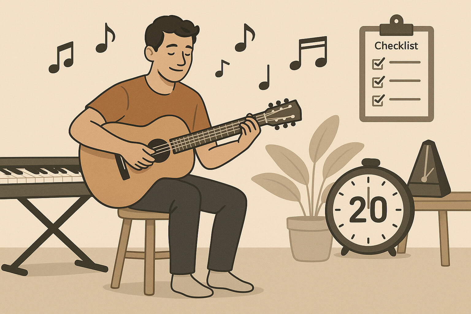 Musician practicing at home with a 20-minute timer, surrounded by musical notes, a metronome, and a progress checklist for efficient practice.