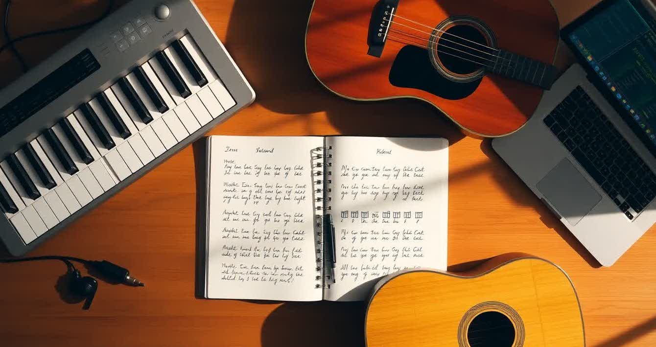 Songwriter’s desk with handwritten chord progressions, MIDI keyboard, guitar, and laptop with DAW software.