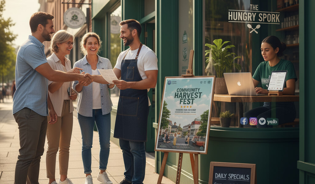 Independent restaurant owner promoting local marketing strategies, including website updates, social media, and community events to attract diners.