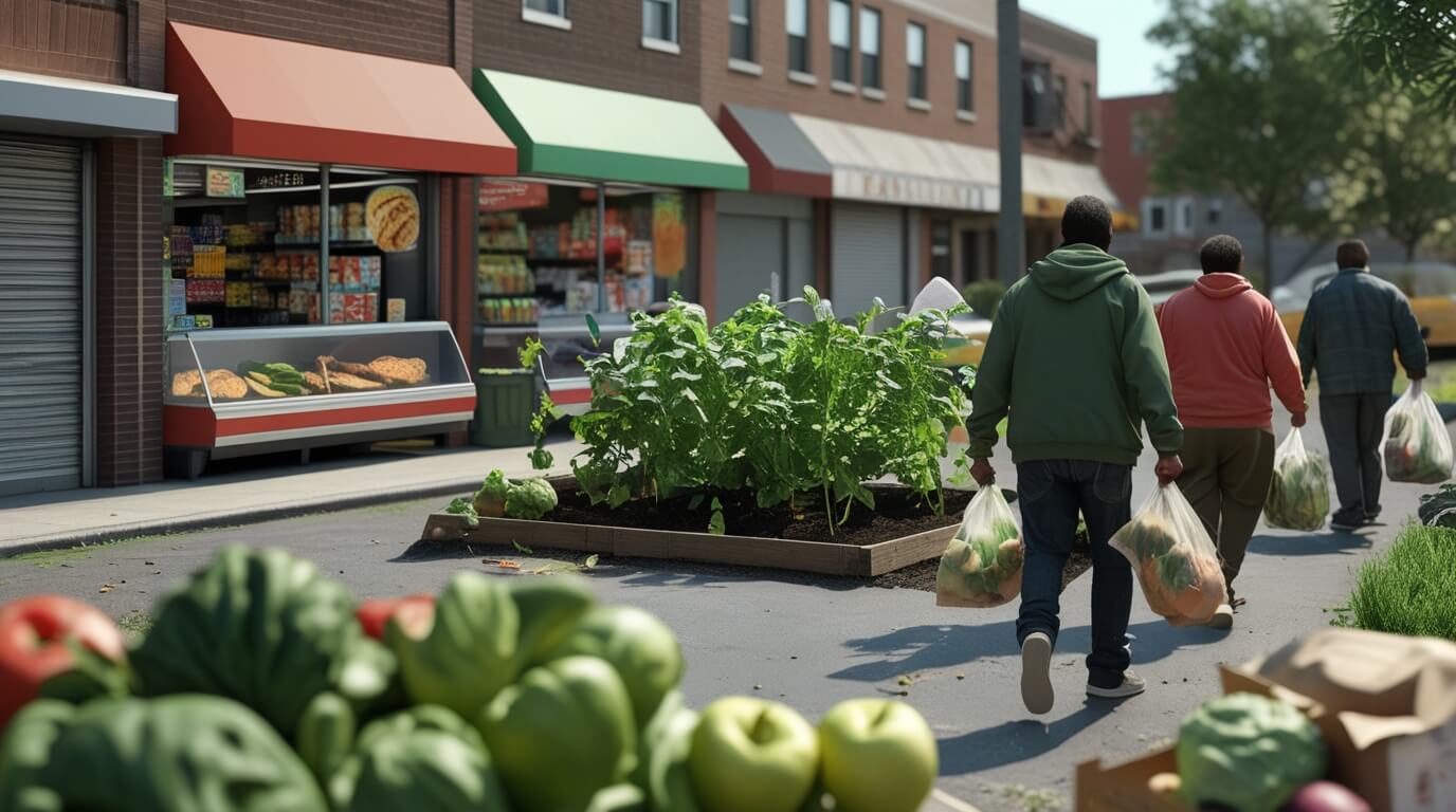 Urban neighborhood with fast-food outlets and a small community garden, highlighting the issue of food deserts.