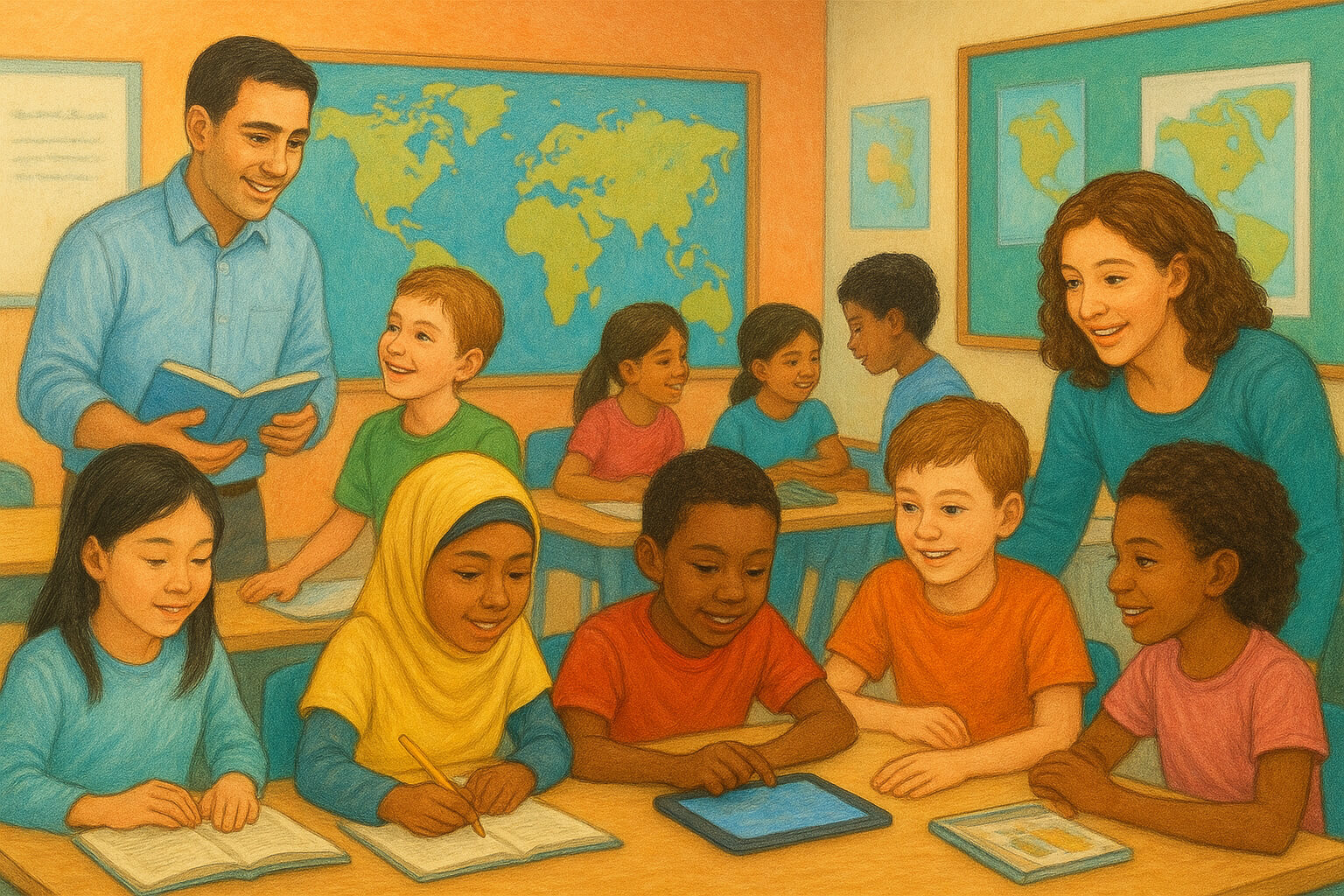 Children from diverse backgrounds learning together in a modern classroom with books and digital devices, symbolizing global education initiatives.