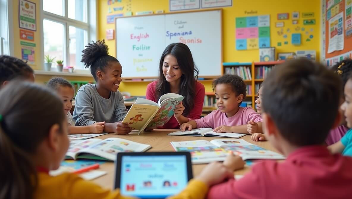 Children in a classroom learning two languages with books and teacher guidance, symbolizing the benefits of bilingual education.