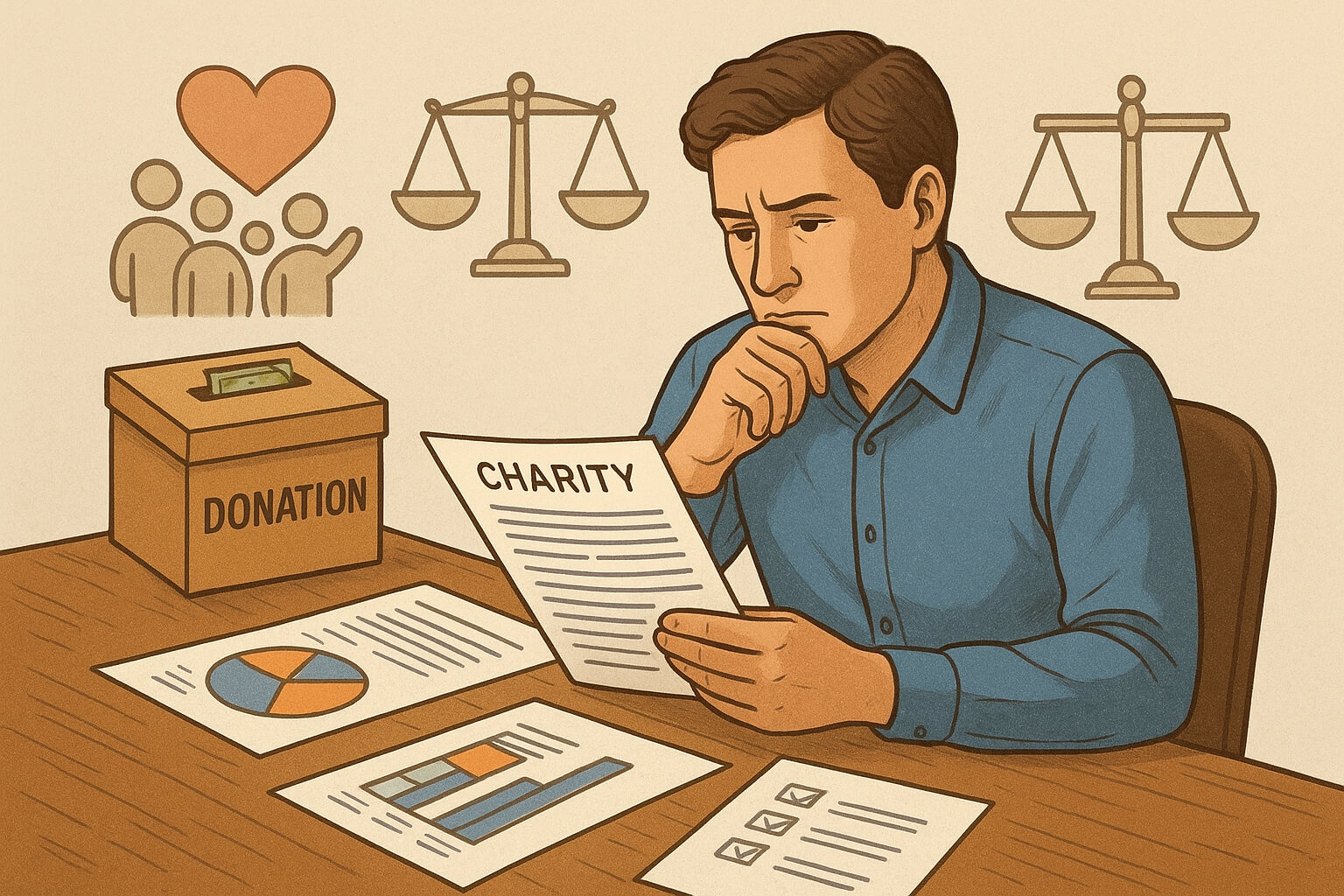 An illustration of a donor reviewing charity reports with a checklist, symbolizing transparency, accountability, and ethical charitable giving.