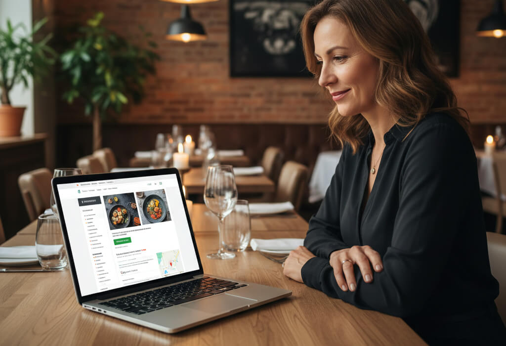 Restaurant website displayed on a laptop inside a dining room, showing how a restaurant’s website acts as its digital dining room for guests.