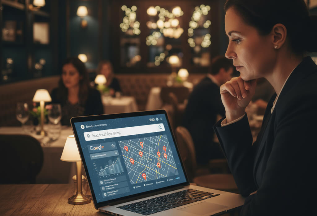 Restaurant owner analyzing SEO performance on a laptop with search engine results and location markers, showing how restaurants can get found online.