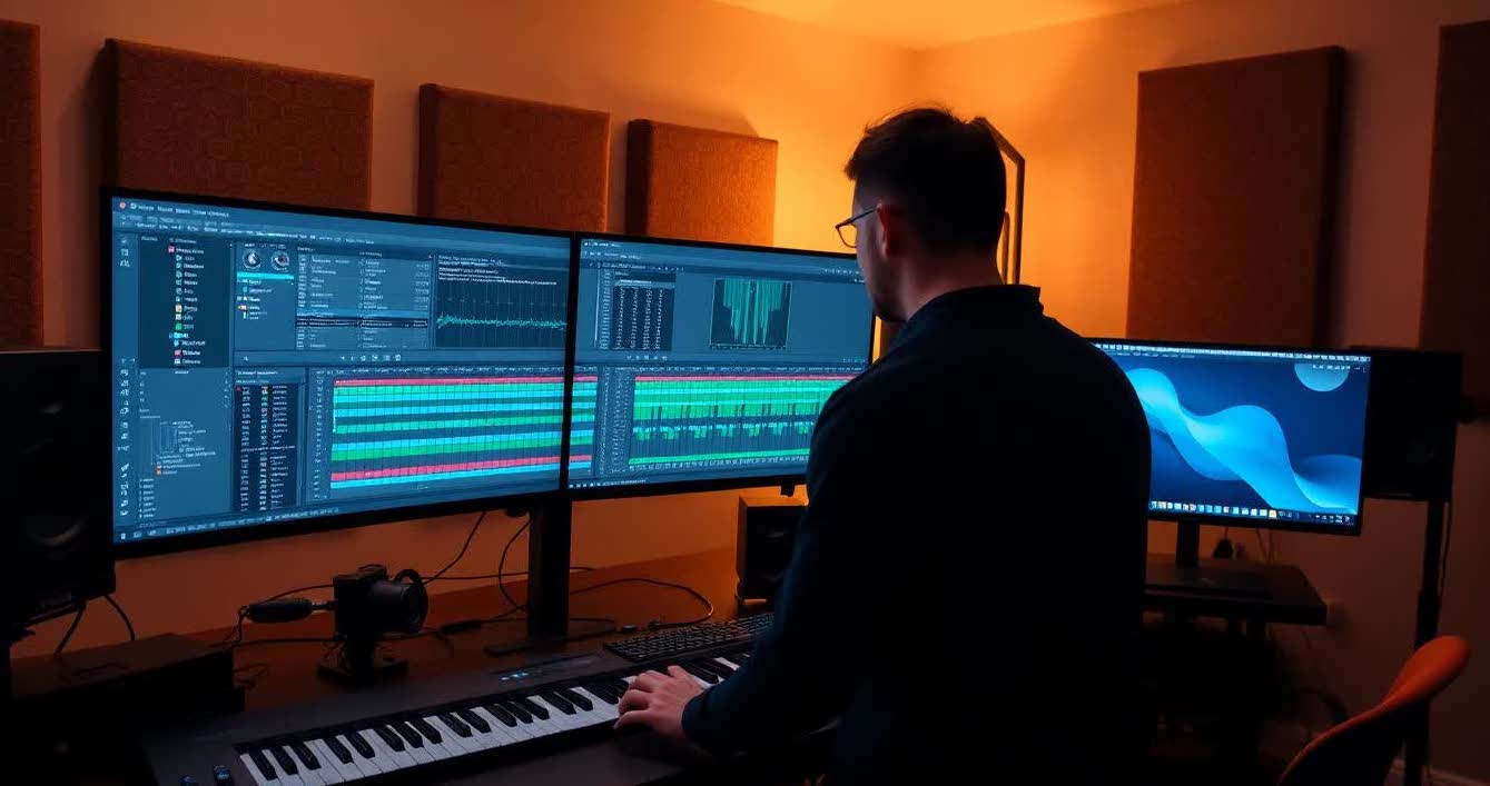 Music producer working on a digital audio workstation setup in a home studio with MIDI keyboard and dual monitors
